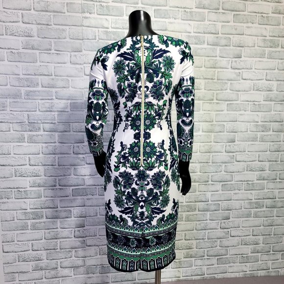 Eliza J Womens 4 Blue Green Paisley 3/4 Sleeve Crew Neck Sheath Dress - Picture 6 of 9